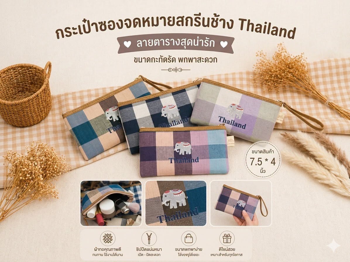 กระเป๋าคล้องมือผ้าทอลายตารางคละสีพร้อมลายช้างไทย